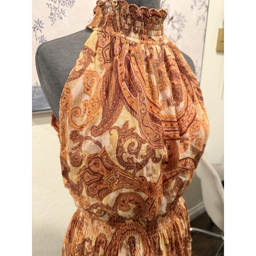 Taylor Paisley‎ Chiffon Maxi Dress Halter Ruffle Smocked Brown Orange Beige 10 - Picture 3 of 5